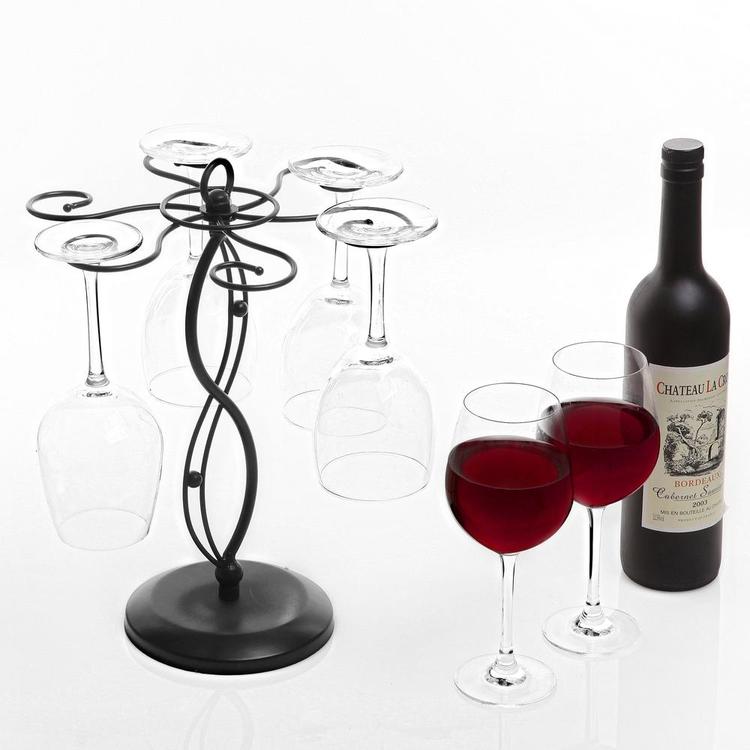 Scrollwork Black Metal Freestanding Tabletop Stemware Storage Rack with 6 Hooks - MyGift Enterprise LLC