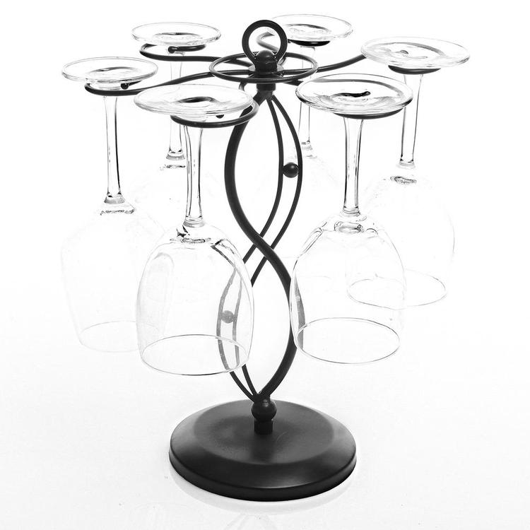 Black Metal Tabletop Wine Glass Storage Rack, Scroll-Work Design