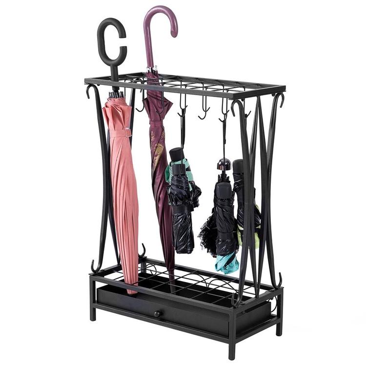 Modern Black Metal Umbrella Storage Rack with Removable Base Drip Tray - MyGift Enterprise LLC