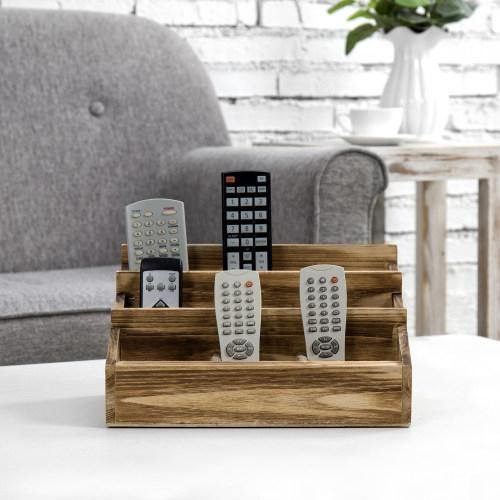 Brown Burnt Solid Wood Remote Control/Tablet Holder Caddy