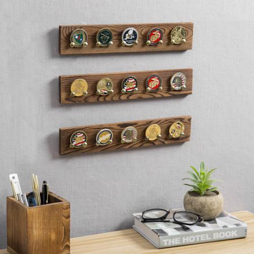 Brown Wood Wall Mounted Challenge Coin & Casino Chip Display Rack, Set of 3 - MyGift