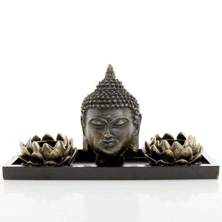 Buddha Head Sculpture Zen Garden Set w/ Lotus Candle Holders & Wooden Tray - MyGift Enterprise LLC