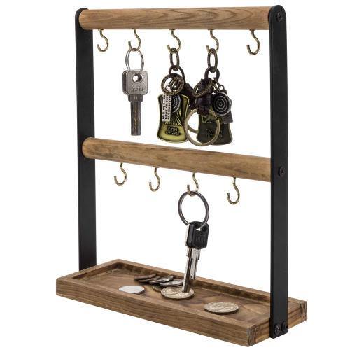 Burnt Wood & Black Metal Key Hook Valet Stand with Storage Tray - MyGift