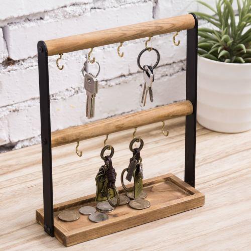 Burnt Wood & Black Metal Key Hook Valet Stand with Storage Tray