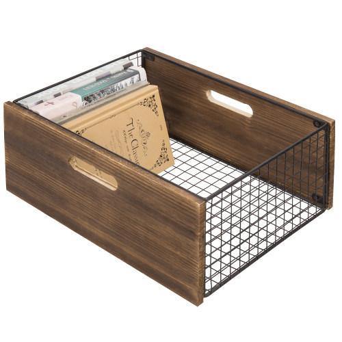 Burnt Wood & Black Metal Mesh Storage Basket