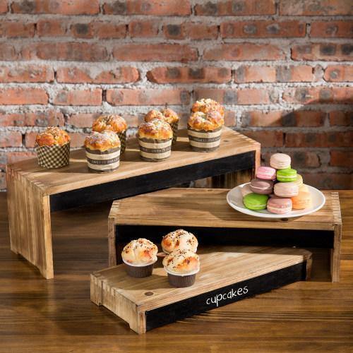 Burnt Wood Dessert Display Riser Stands with Chalkboard Panels - MyGift