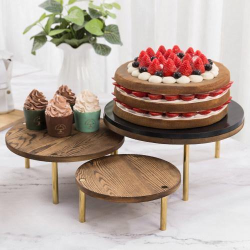 Burnt Wood Dessert Display Riser with Brass Tone Legs, Set of 3 - MyGift