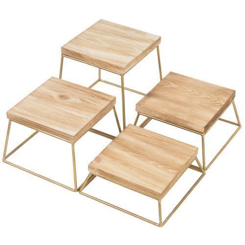 Burnt Wood & Gold Metal Square Display Risers/Pizza Stands, Set of 4 - MyGift