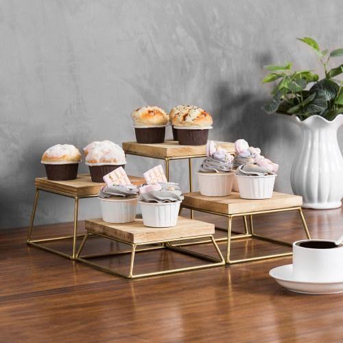 Burnt Wood & Gold Metal Square Display Risers/Pizza Stands, Set of