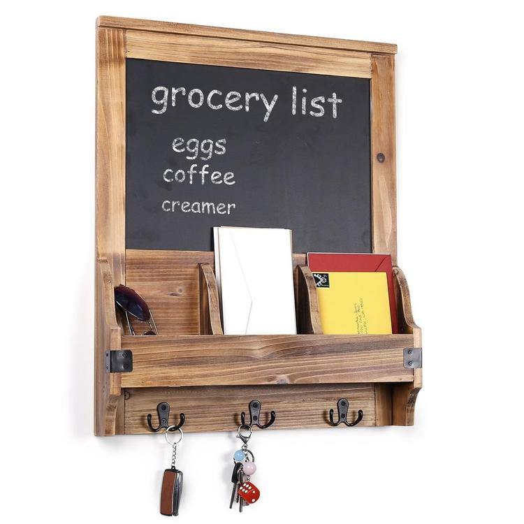 Burnt Wood Wall-Mounted Entryway Organizer with Chalkboard Sign & Key Hooks - MyGift