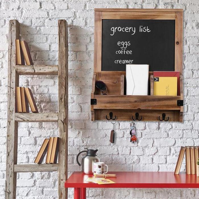 Burnt Wood Wall-Mounted Entryway Organizer with Chalkboard Sign & Key Hooks - MyGift