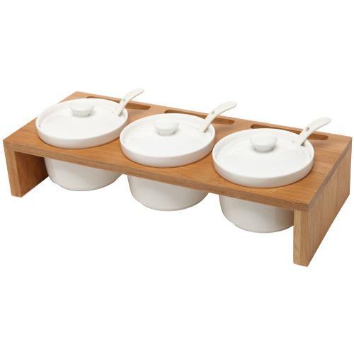 Ceramic Condiment Ramekins Set w/Lids & Spoons on Bamboo Tray - MyGift