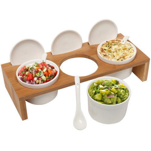 Ceramic Condiment Ramekins Set w/Lids & Spoons on Bamboo Tray