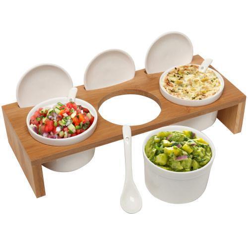 Ceramic Condiment Ramekins Set w/Lids & Spoons on Bamboo Tray - MyGift