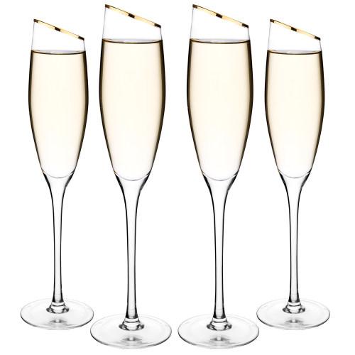 Champagne Flute Glasses with Gold-Tone Rim, Set of 4