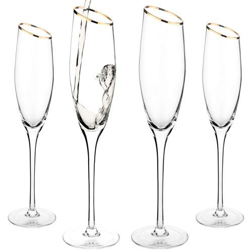 Champagne Flute Glasses with Gold-Tone Rim, Set of 4