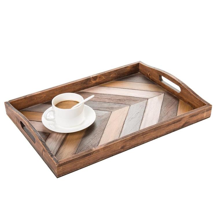 Rustic Chevron Rectangular Wood Breakfast Serving Tray with Cutout Handles - 16 x 12-Inch - MyGift Enterprise LLC