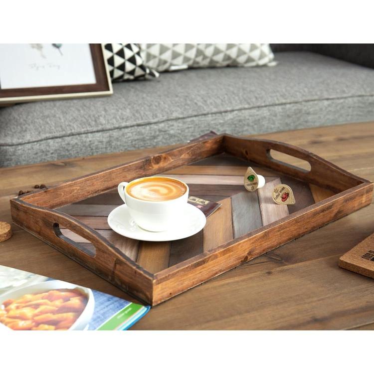 Rustic Chevron Rectangular Wood Breakfast Serving Tray with Cutout Handles - 16 x 12-Inch - MyGift Enterprise LLC