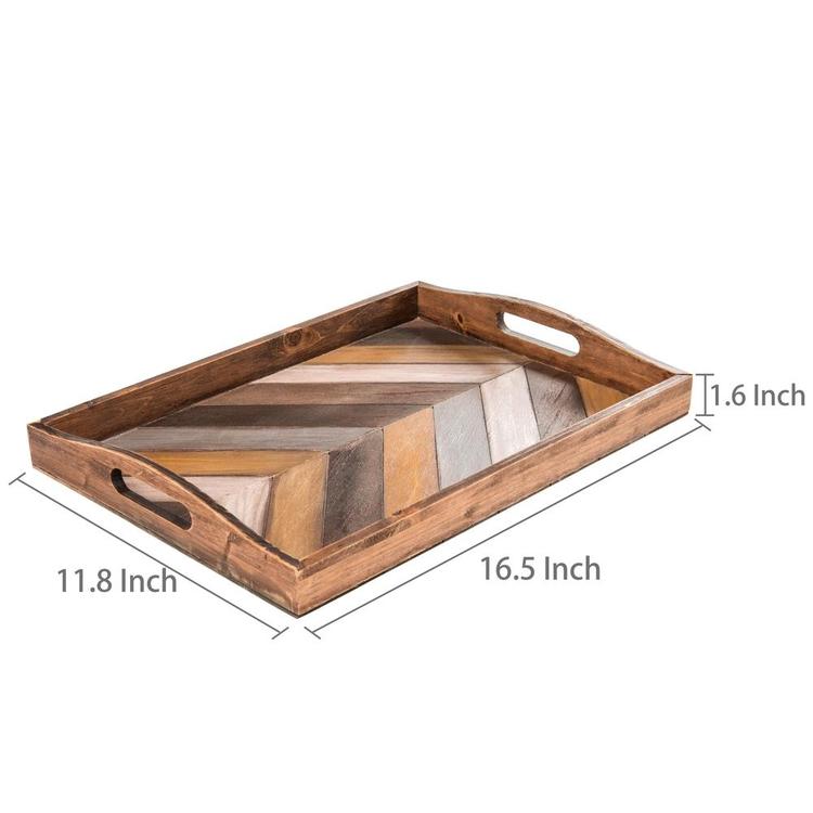 Rustic Chevron Rectangular Wood Breakfast Serving Tray with Cutout Handles - 16 x 12-Inch - MyGift Enterprise LLC