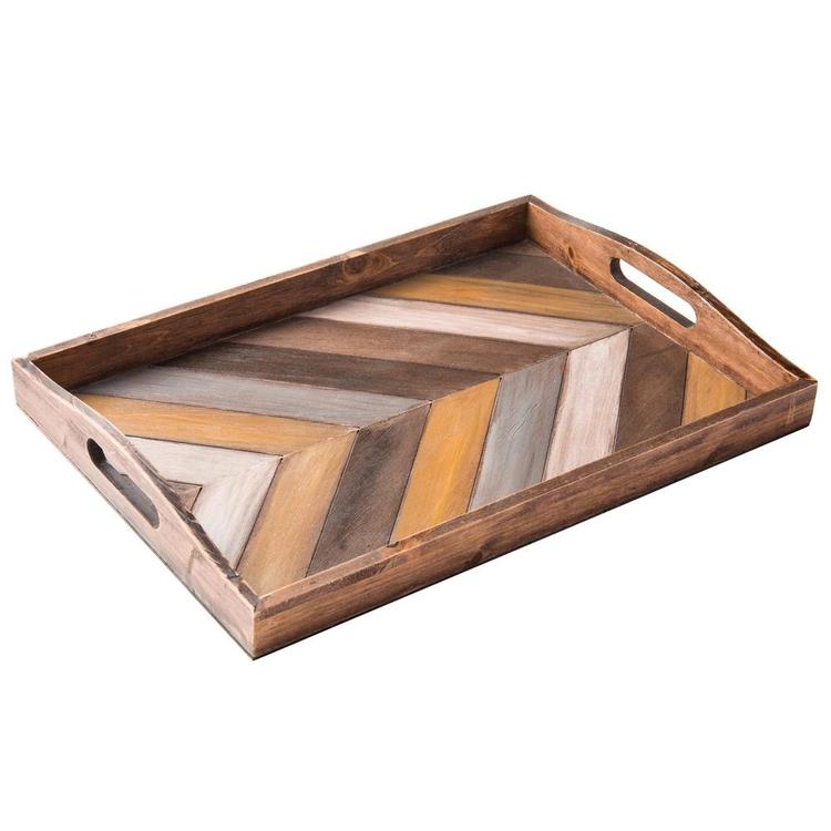 Rustic Chevron Rectangular Wood Breakfast Serving Tray with Cutout Handles - 16 x 12-Inch - MyGift Enterprise LLC