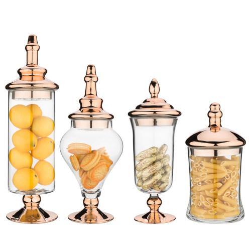 Clear Glass Apothecary Jars with Metallic Copper-Tone Lids, 4pcs