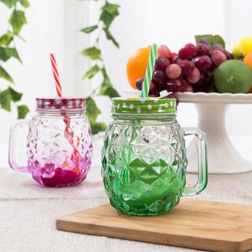 Mason Jar Drinking Glasses with Handles & Copper Lid - Set of 2