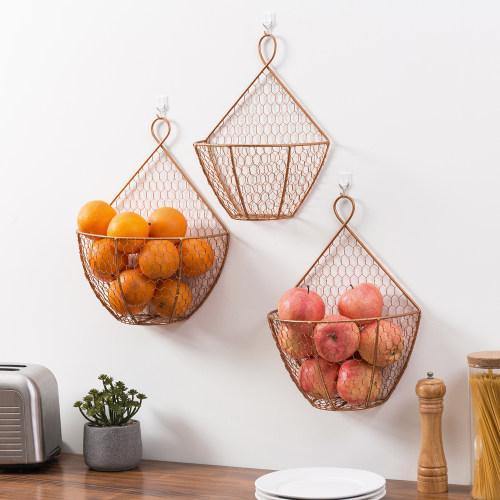 Copper Metal Wire Wall Hanging Produce Baskets, Set of 3