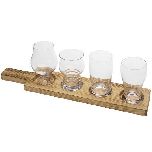 Craft Beer Tasting Flight Set with 4 Glasses & Brown Wood Paddle Serving Tray - MyGift