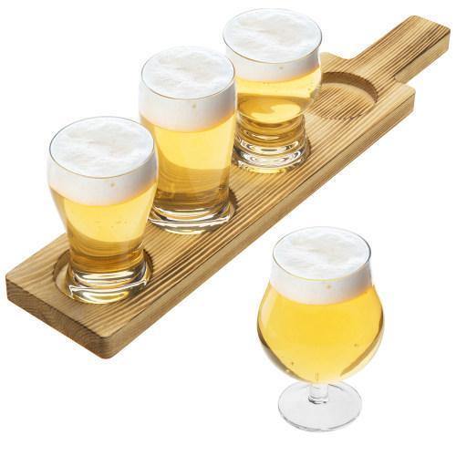 Craft Beer Tasting Flight Set with 4 Glasses & Brown Wood Paddle Serving Tray
