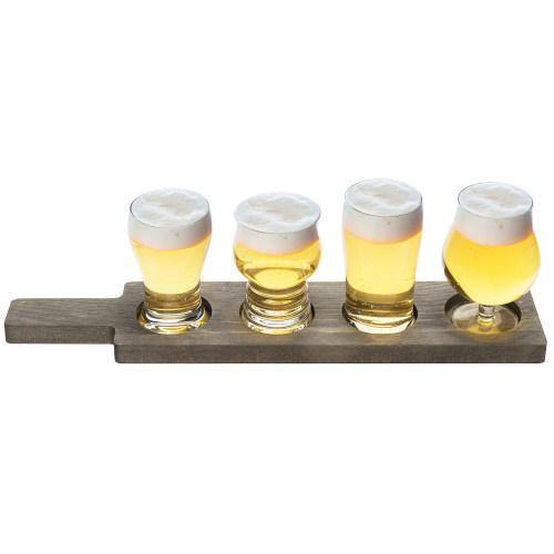 Craft Beer Tasting Flight Set with 4 Glasses & Gray Wood Paddle Serving Tray - MyGift