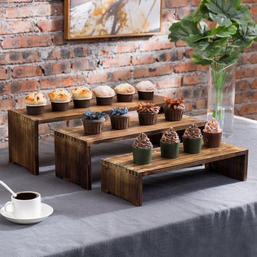 Dark Brown Wood Retail Display Risers, Set of 3