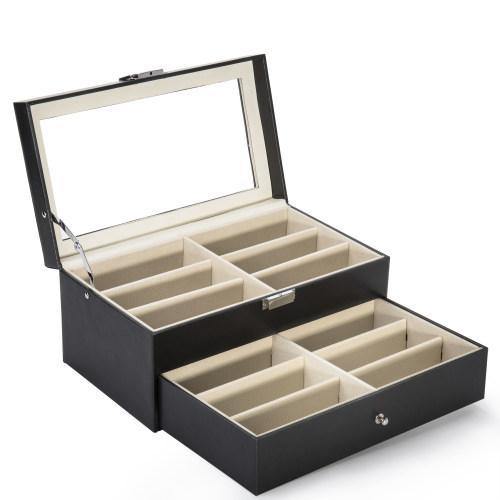 Deluxe Black Leatherette Eyewear & Sunglasses Display Case w/Glass Lid - MyGift