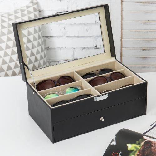Deluxe Black Leatherette Eyewear & Sunglasses Display Case w/Glass Lid - MyGift