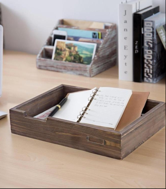 Distressed Brown Vintage Wood Office Desktop Paper, File, Folder, Magazine Tray - MyGift Enterprise LLC