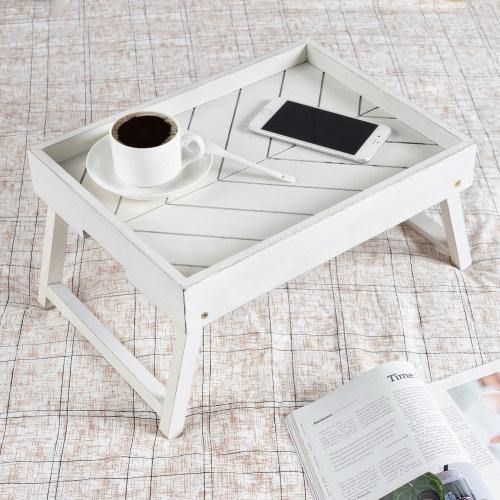 Distressed White Wood Breakfast Tray with Foldable Legs