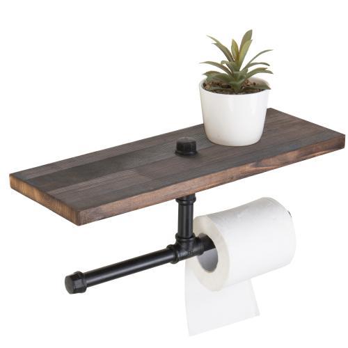 Dual-Pipe Toilet Paper Holder with Vintage Brown Wood Shelf
