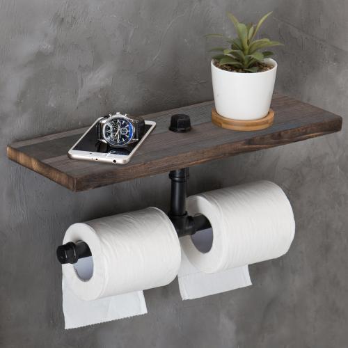 Dual-Pipe Toilet Paper Holder with Vintage Brown Wood Shelf