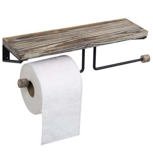 Dual-Roll Torched Wood & Black Metal Toilet Paper Holder with Shelf - MyGift