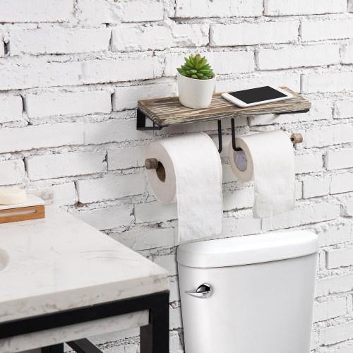 Dual-Roll Torched Wood & Black Metal Toilet Paper Holder with Shelf - MyGift