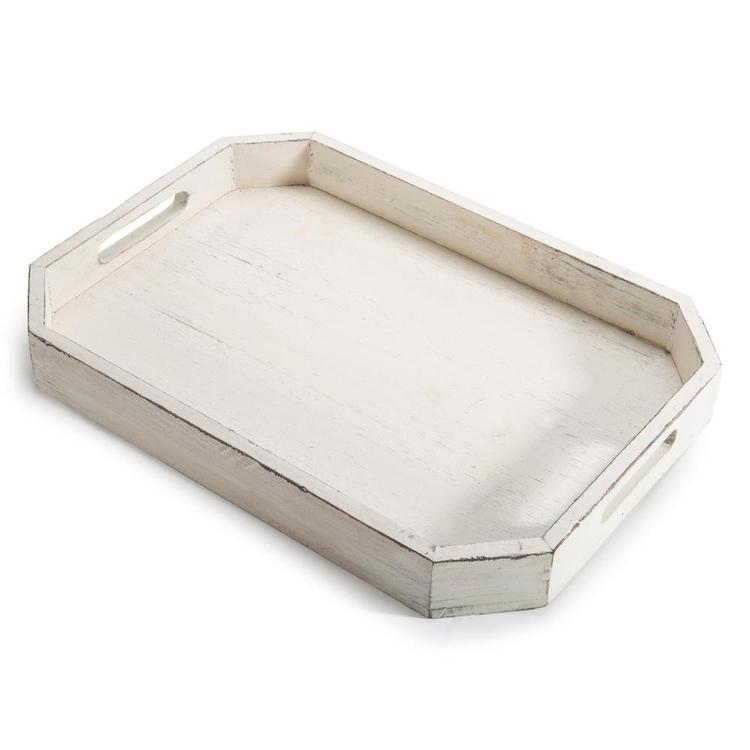 Farmhouse Inspired White Wood Serving Tray with Angled Edges