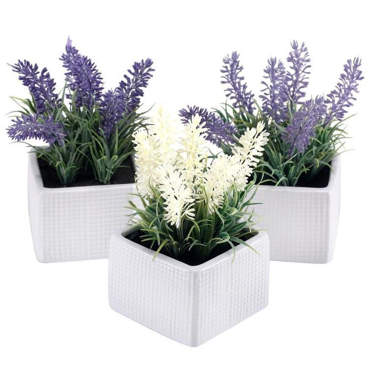 Faux Lavender Plants in White Ceramic Pots, Set of 3 - MyGift