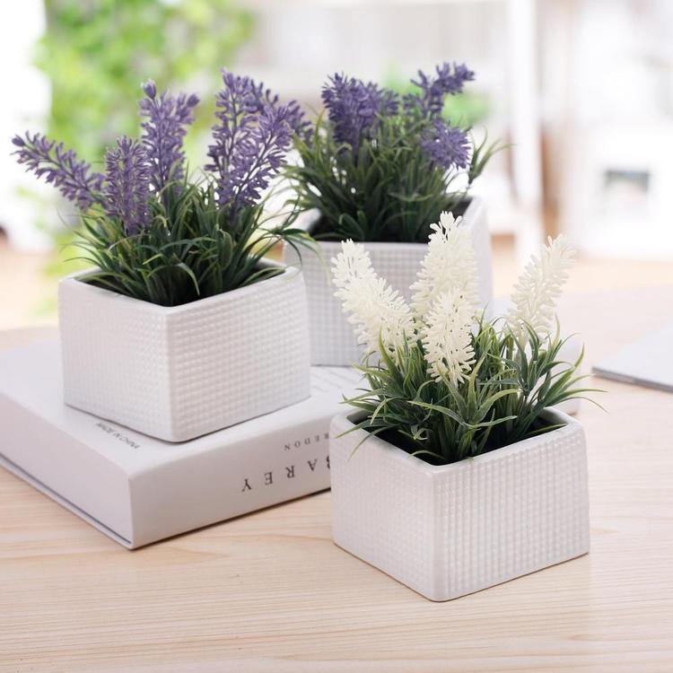 Faux Lavender Plants in White Ceramic Pots, Set of 3 - MyGift