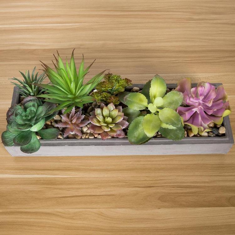 faux succulents in rectangular planter Artificial Faux Plant Arrangement in Rectangular Modern Gray Clay Plant Tray