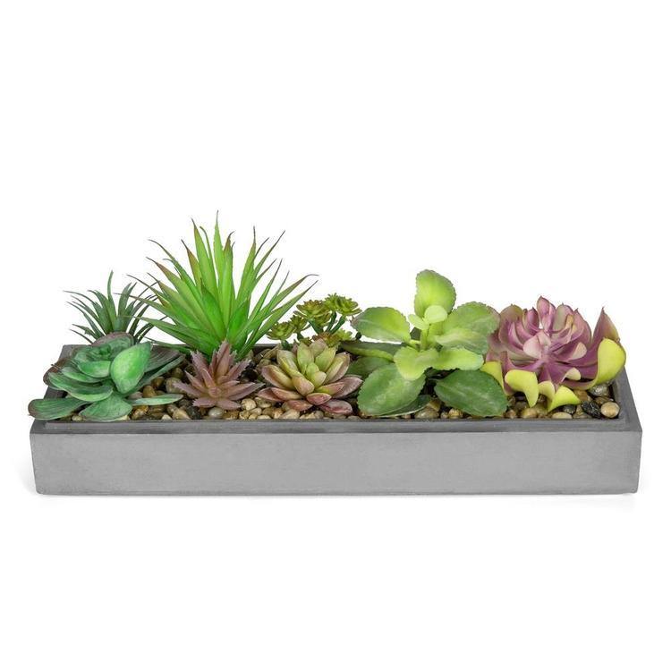Faux Plant Arrangement in Modern Gray Clay Planter Tray - MyGift