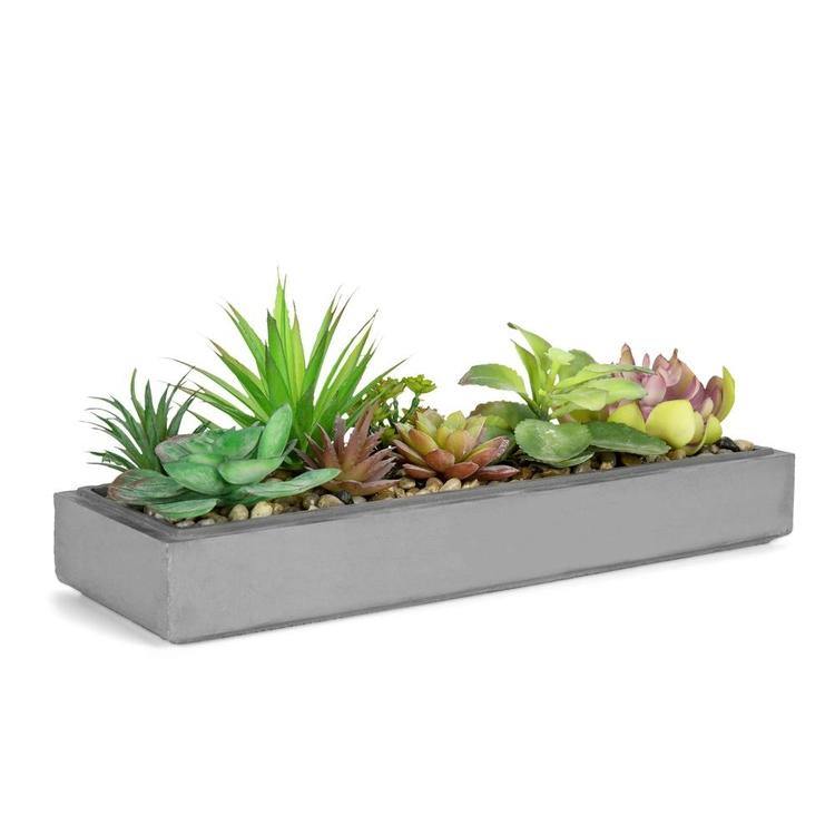 Faux Plant Arrangement in Modern Gray Clay Planter Tray - MyGift