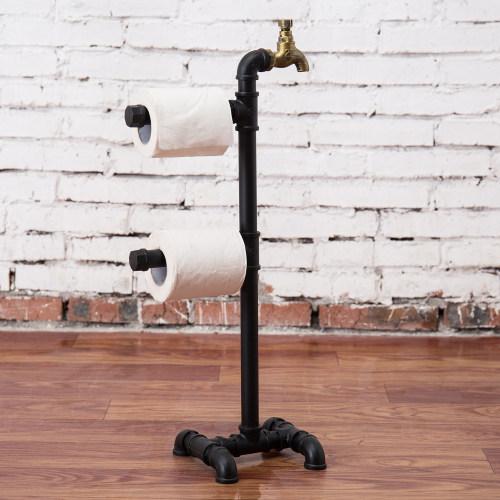 Freestanding Industrial Pipe & Faucet Toilet Paper Holder, Black