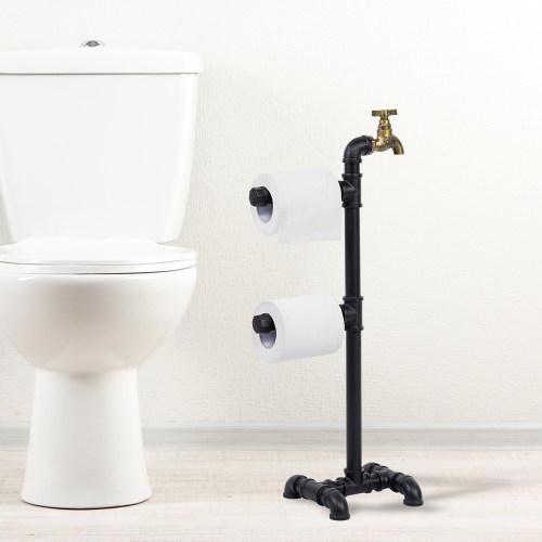 Freestanding Industrial Pipe & Faucet Toilet Paper Holder, Black