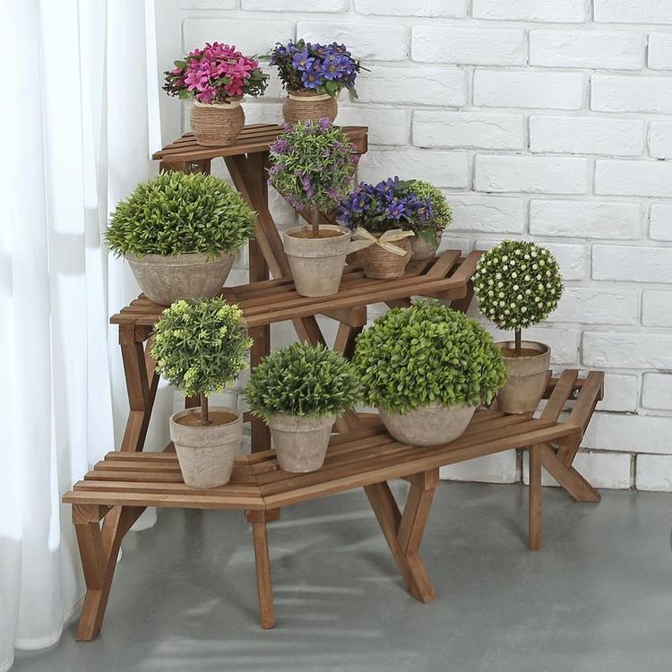 3 Tier Freestanding Rustic Brown Wood Corner Shelf Planter Stand - MyGift Enterprise LLC