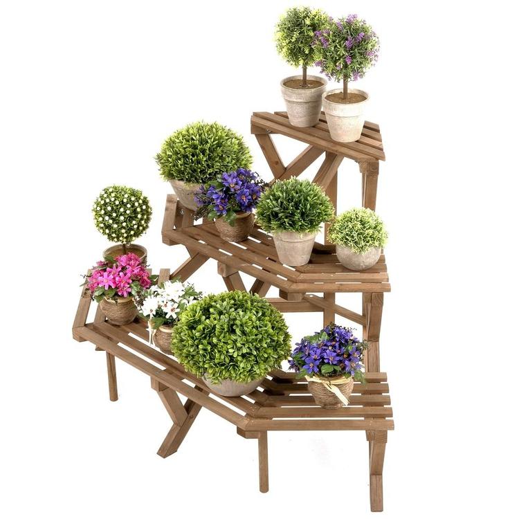 3 Tier Freestanding Rustic Brown Wood Corner Shelf Planter Stand - MyGift Enterprise LLC