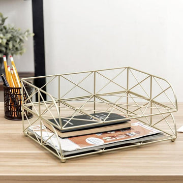 2-Tier Geometric Light Gold-Tone Metal Desktop Stacked Letter Tray - MyGift Enterprise LLC
